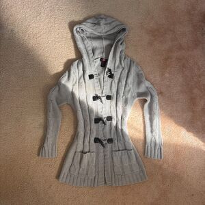 y2k academia fairycore whimsy grey chunky cable knit hooded cardigan